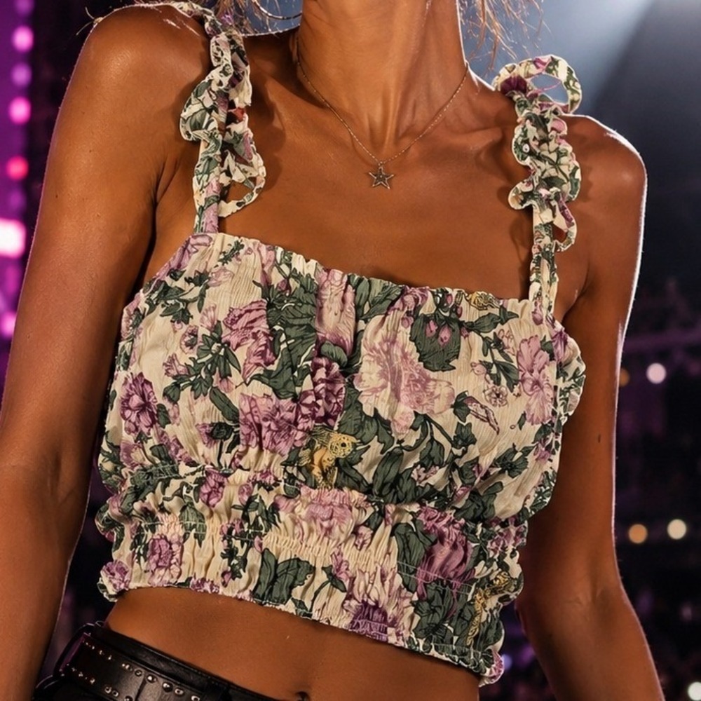 Abercrombie & Fitch Floral Smocked Crop Top XL Cream Purple Ruffle Strap